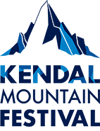 The kendal mountain festival logo, an outline of a mountain in dark blue at the top with the text, kendal mountain festival also in blue.
